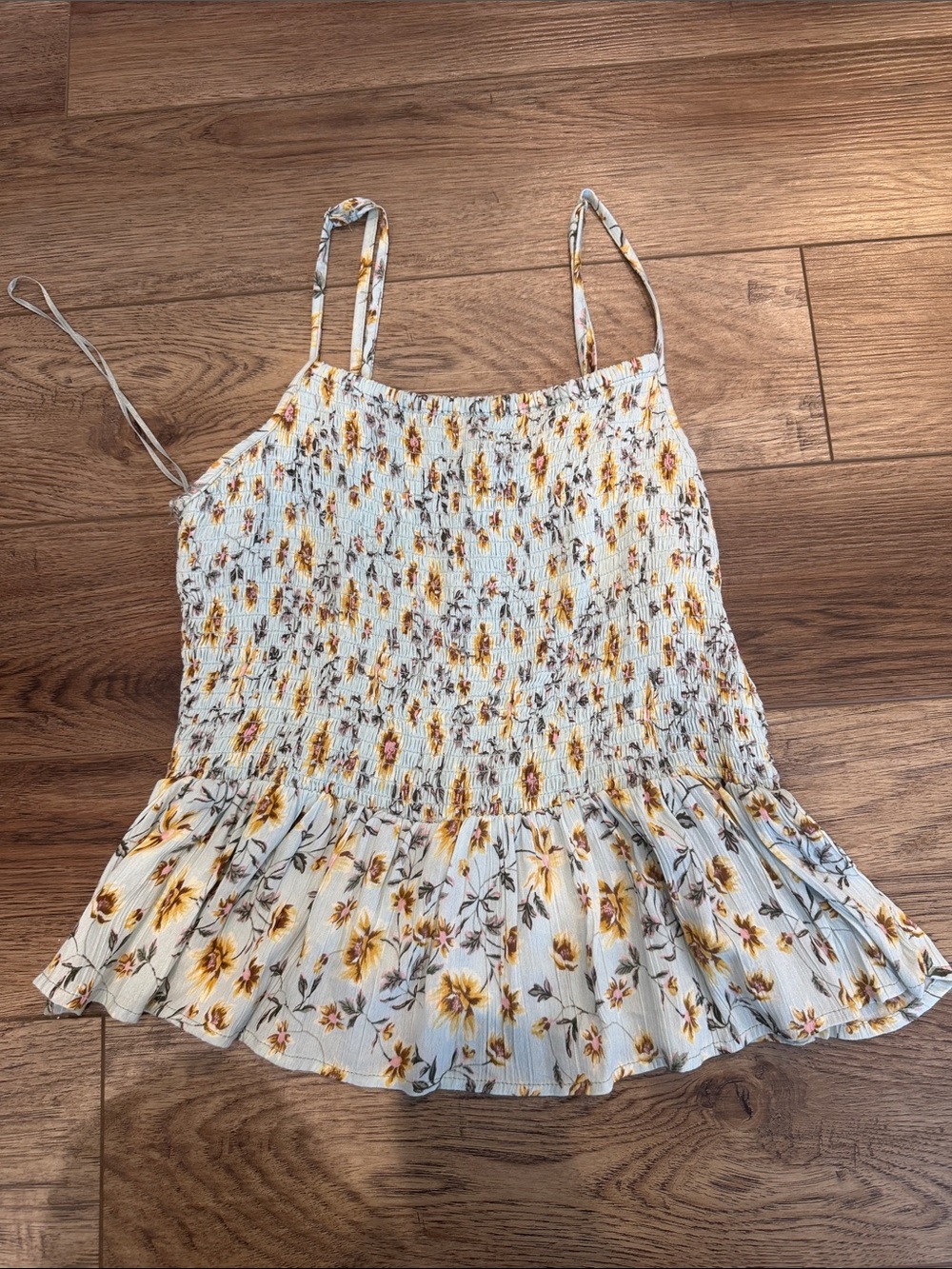 Angie Sage Green Floral Smocked Cami with Ruffle Hem